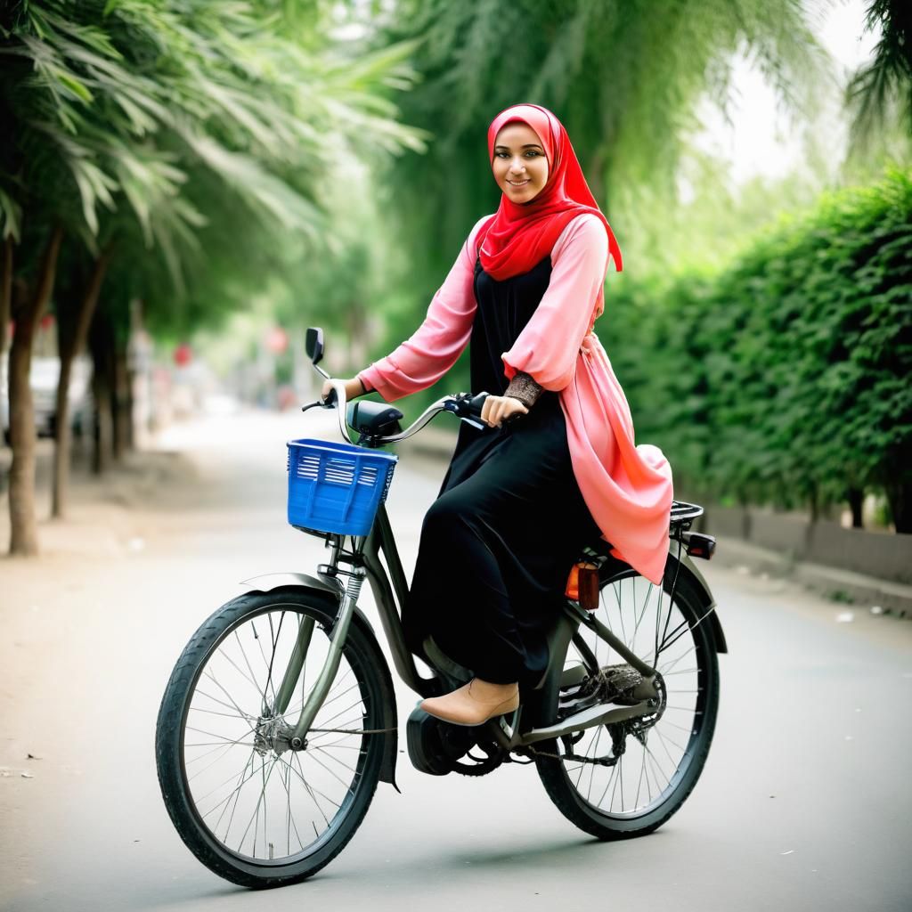 Woman with Hijab Rides Her Bike