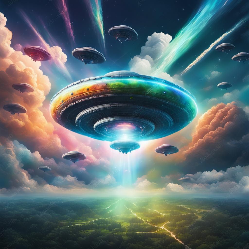 Hyperrealistic UFO Aerial Phenomena in Colorful Sky