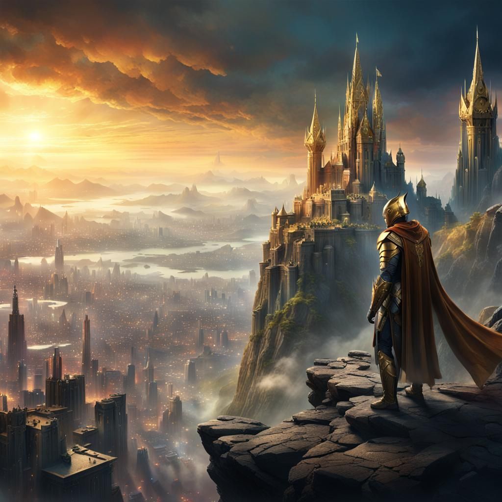 Fantasy Cityscape with Armored Characters, Digital Matte Pai...