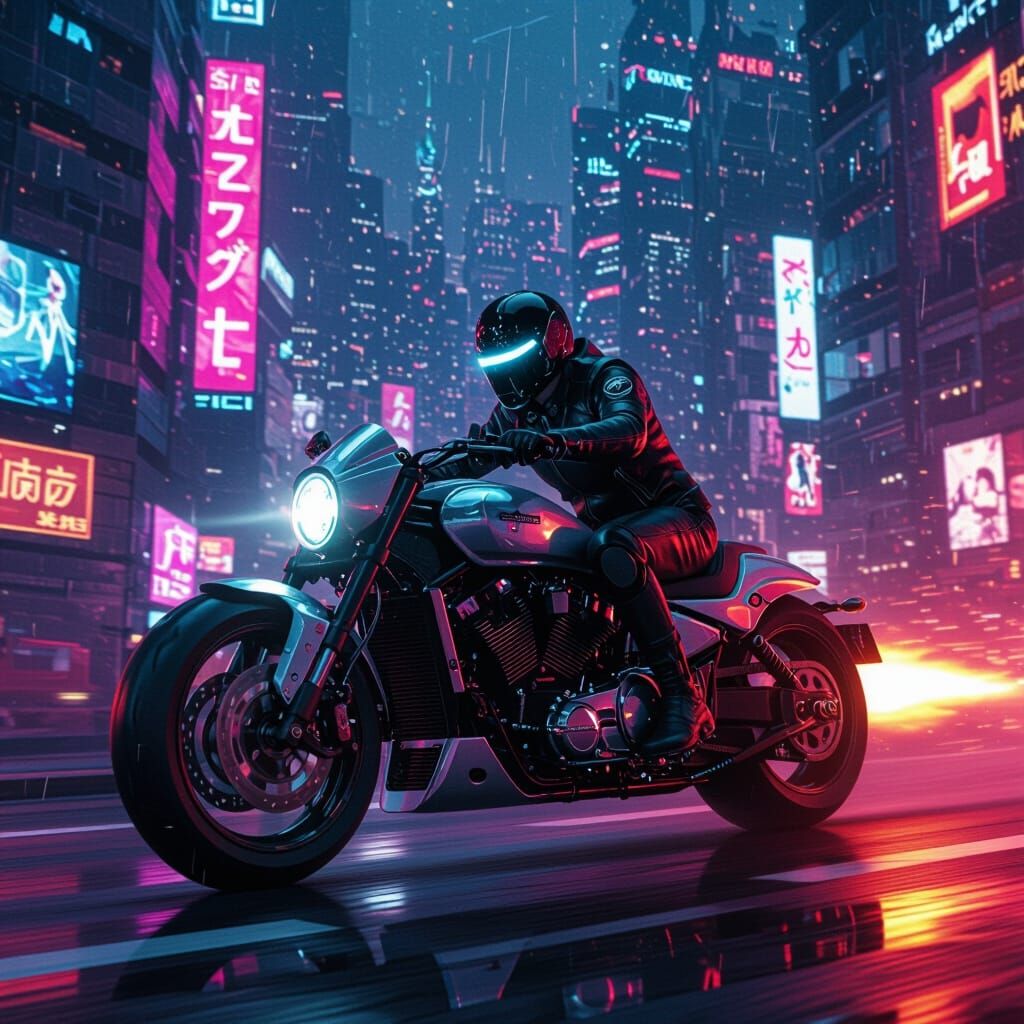 Cyberpunk Motorcycle Speeds Through Neon City