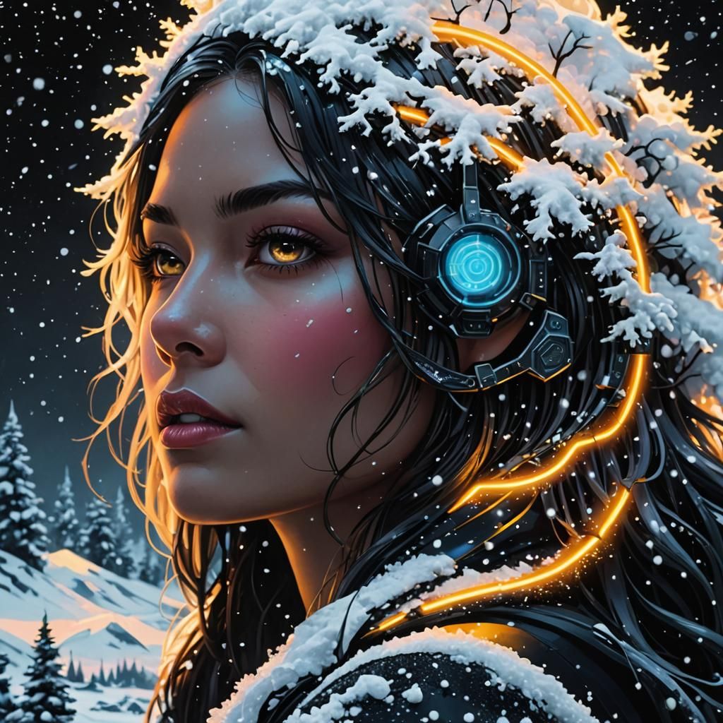 Futuristic Winter Landscape with Neon Snow in Mixed Media