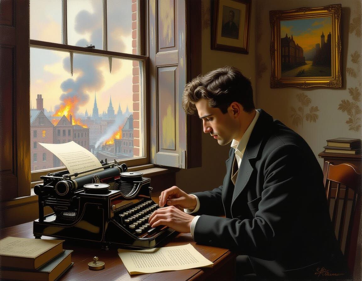 Focused Writer at Typewriter in Half-Lit Room
