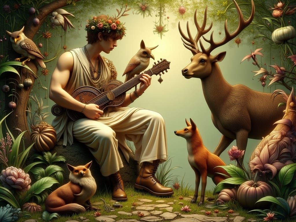 Orpheus and Animals in Lush Forest, Romantic Style