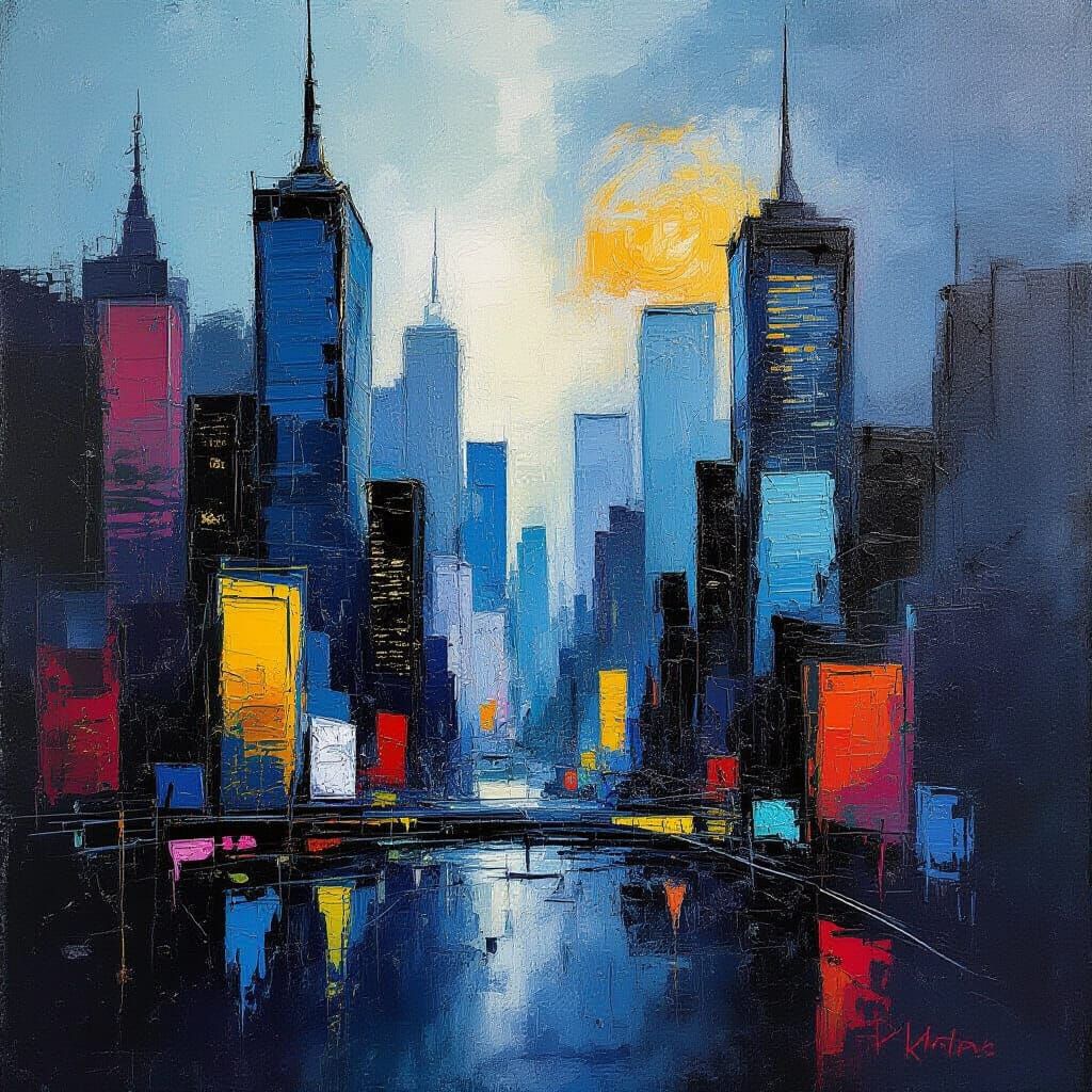 Abstract Expressionist Cityscape with Bold Impasto Paint Str...