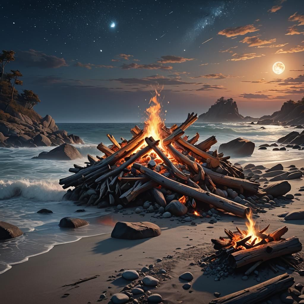 Moonlit Campfire on Rocky Beach: Fantasy Concept Art
