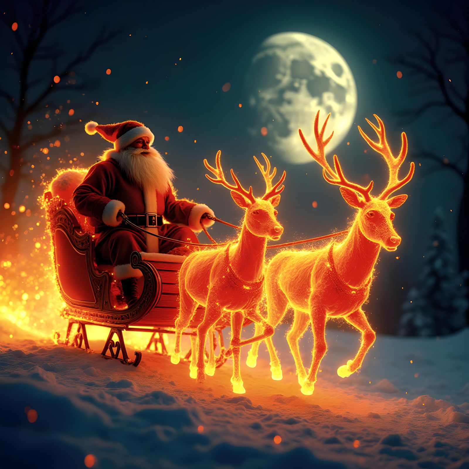 Fiery Santa Claus Sleigh Flying to the Moon