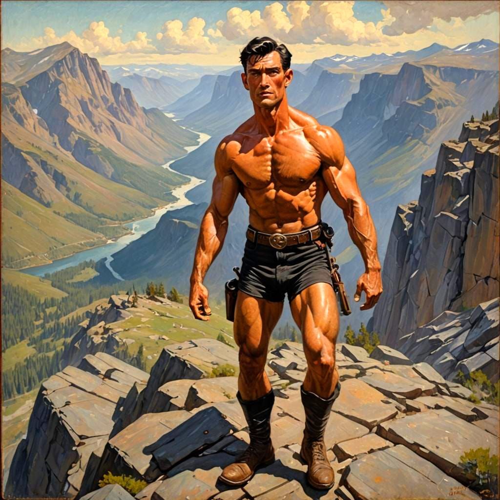 Vintage Oil Painting: Solitary Man on Mountain Top