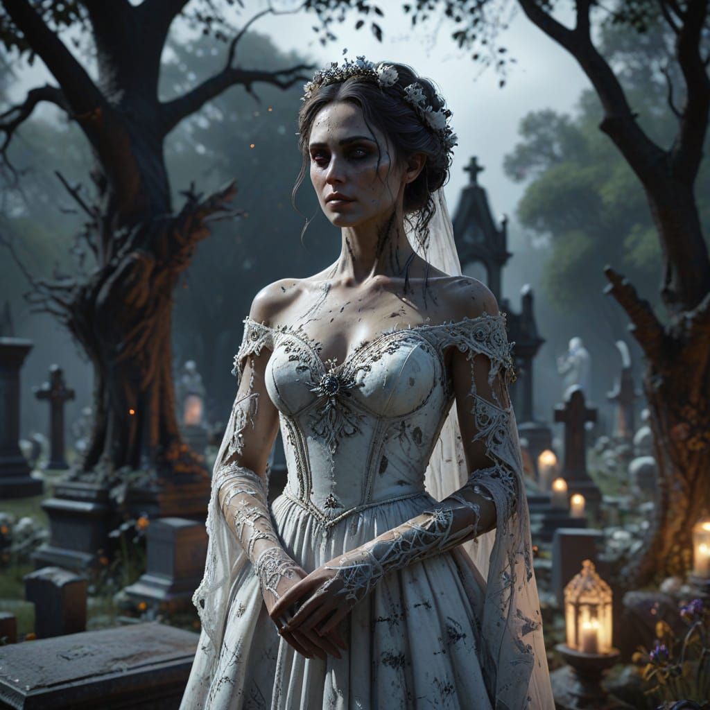 Zombie Bride in Gothic Cemetery Fantasy Concept Art