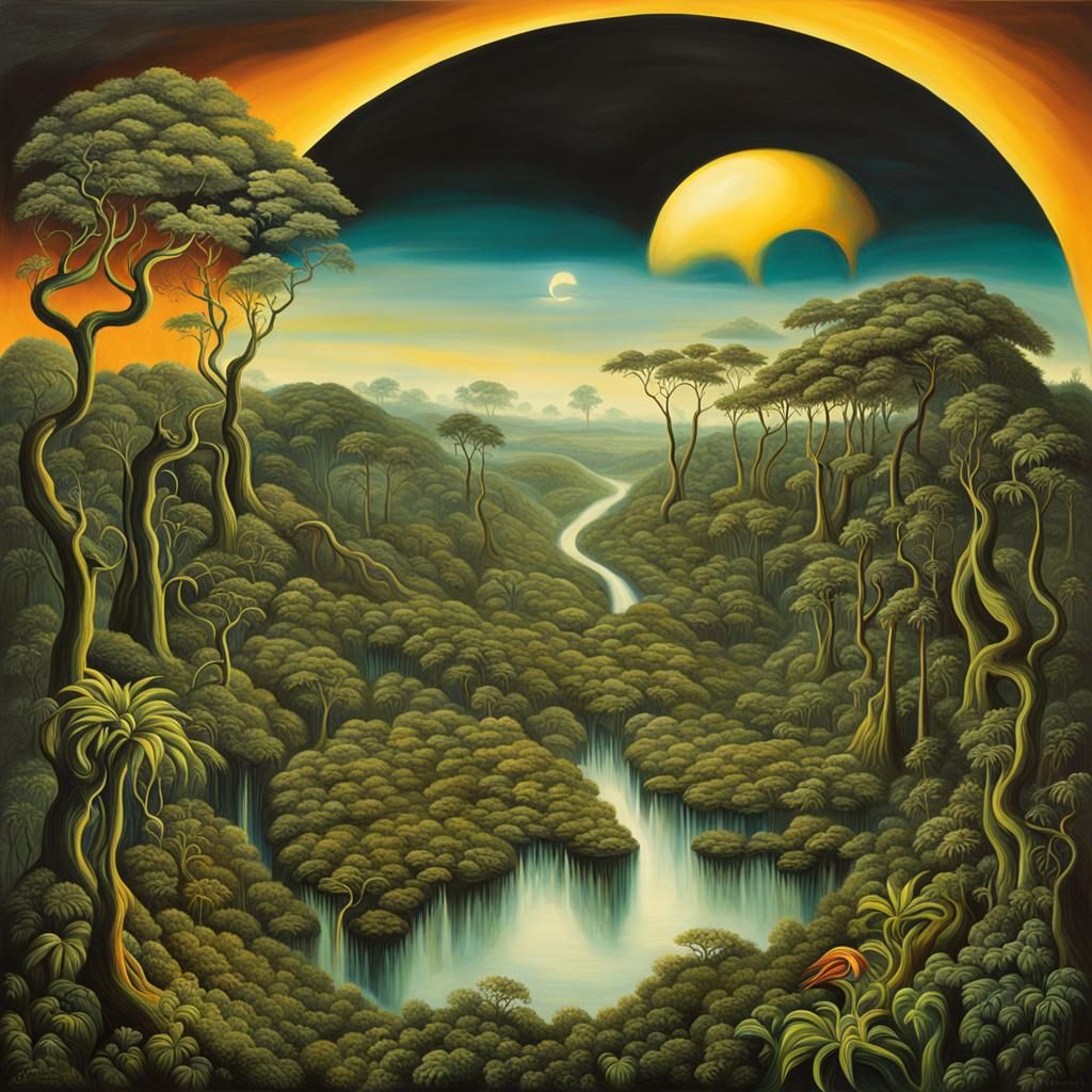 Amazon Rainforest Solar Eclipse: Surrealist Oil on Canvas