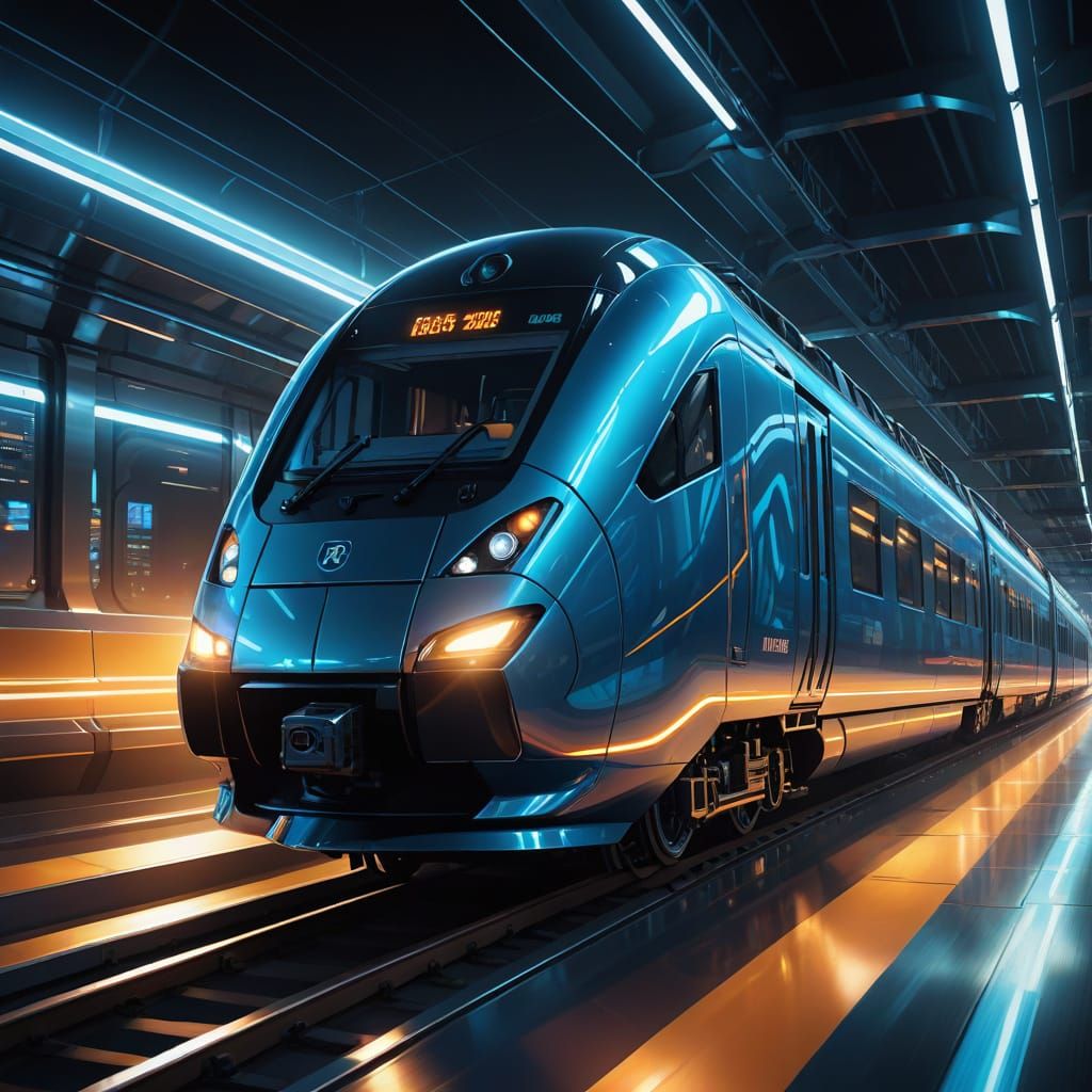 Sleek Futuristic Train Speeds Through a Neon-Lit Landscape i...