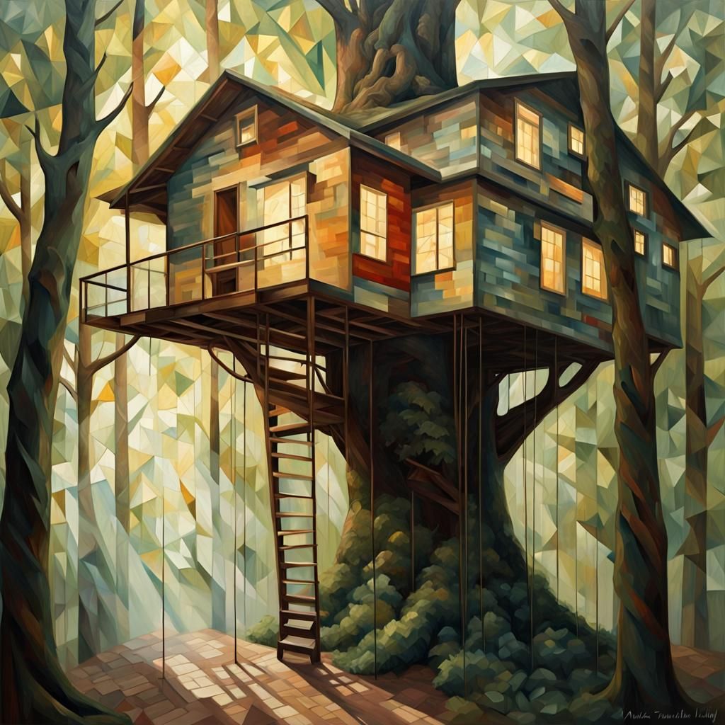 Cubist Treehouse Painting with Glowing Light Rays