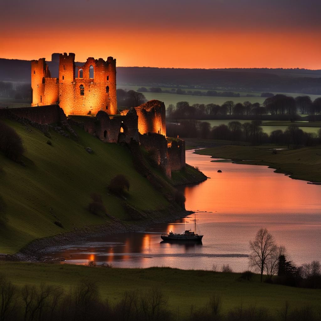 Ruined Castle Hilltop Dusk with Ship Horizon