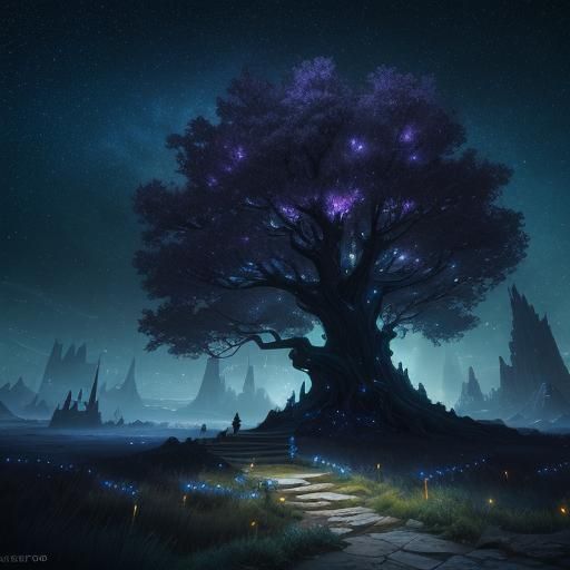 Enchanted Tree with Fairy Lights in Starry Night