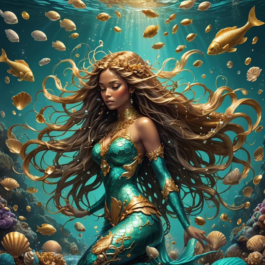 Golden Mermaid in Turquoise Sea: Fantasy Concept Art