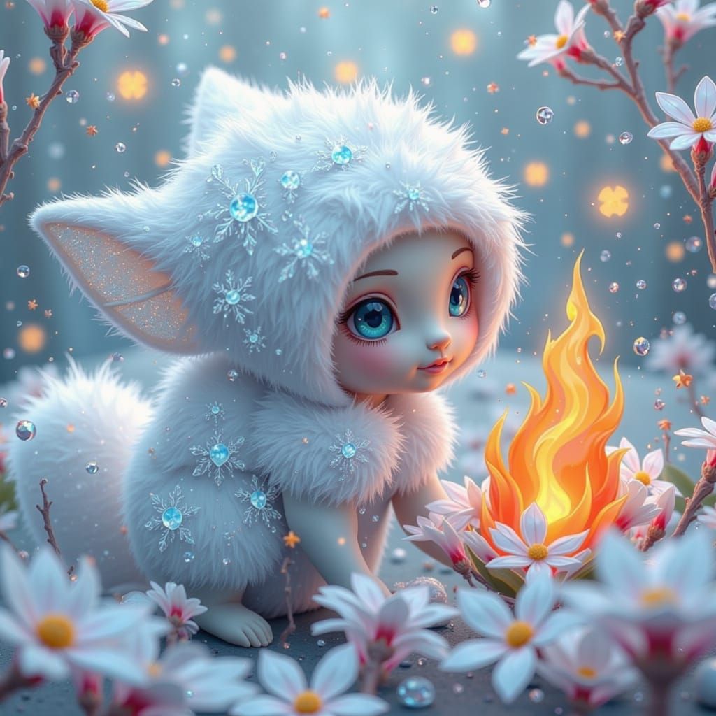 Snow Creature Meets Flame Critter in Whimsical Art