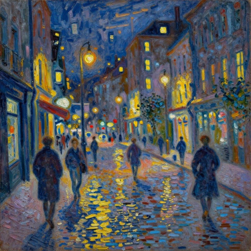 Impressionist Night Cityscape with Wet Reflections