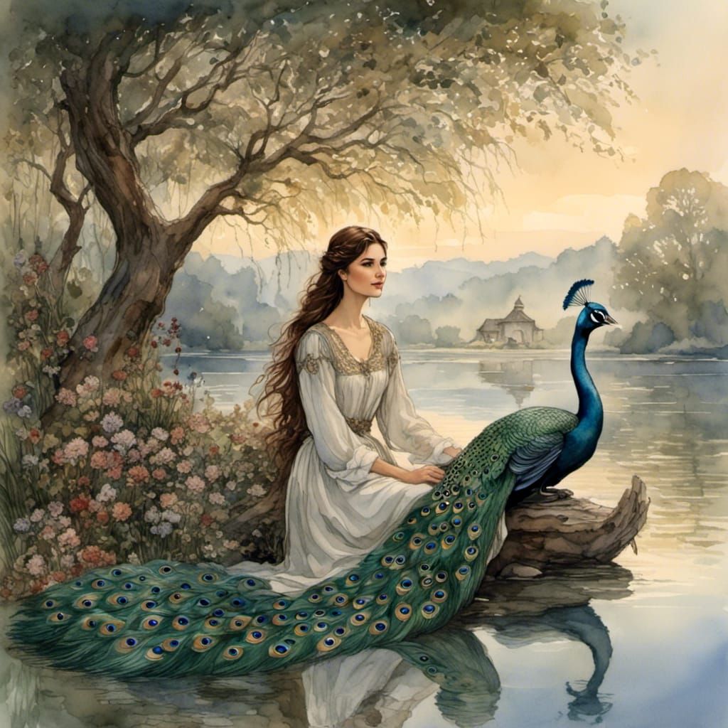 Peacock Angels Guard a Russian Girl at Dusk
