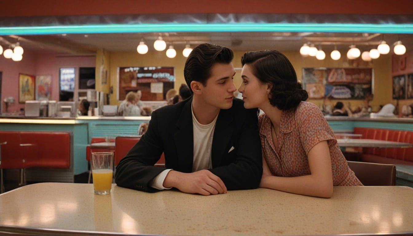 Young Lovers Embracing in a Retro Diner
