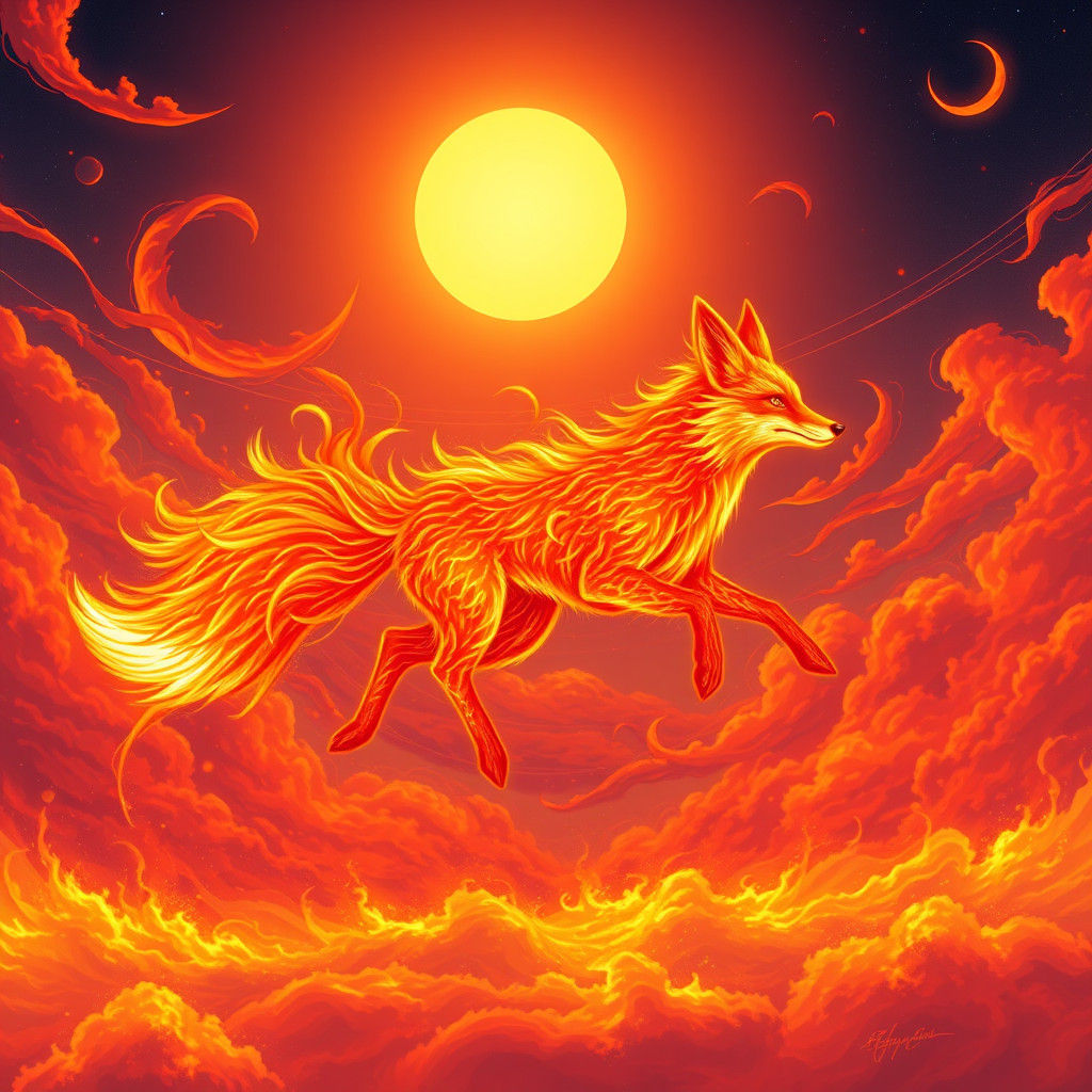 Fiery Fox Runs Through a Burning Sky