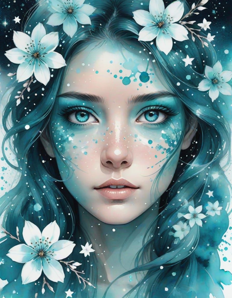 Aquamarine Eye with Turquoise Stars, Watercolor Art