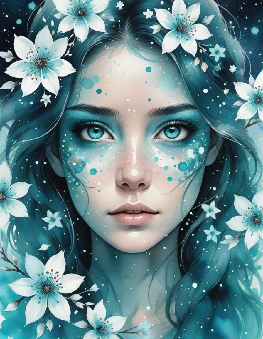 Aquamarine Eyes with Blossoms in Watercolor Style