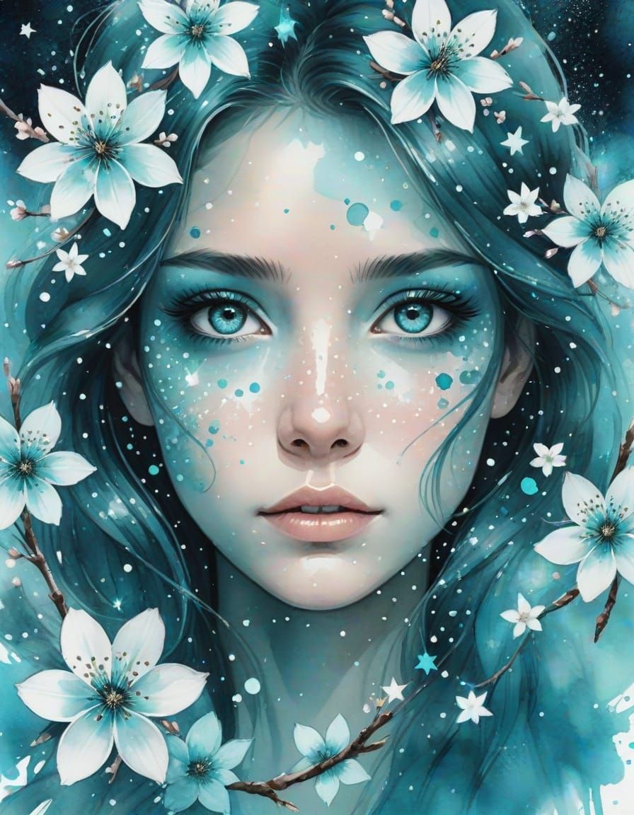 Aquamarine Eyes with Stars and Cherry Blossoms
