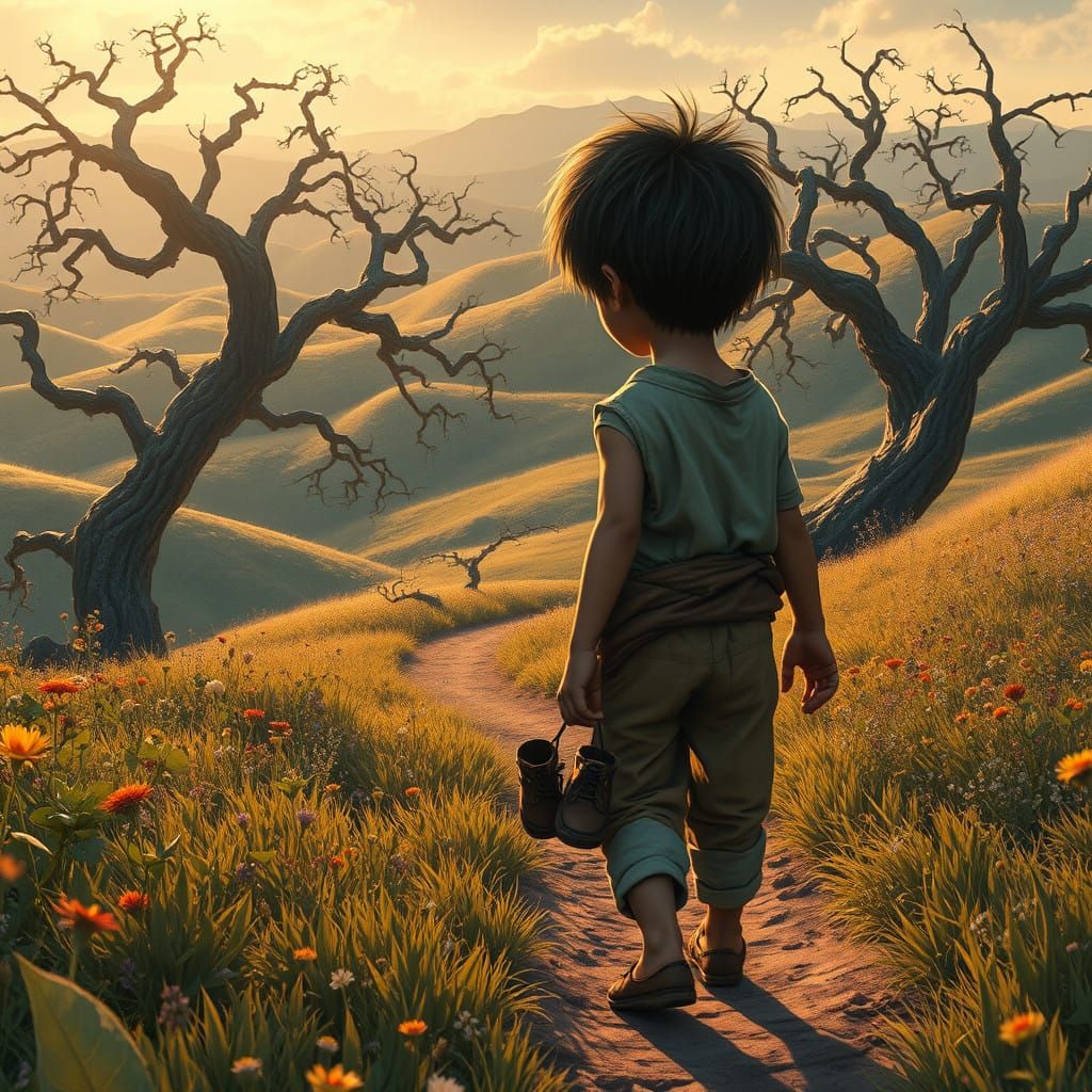 Weary Boy Trudges Homeward in a Dreamlike Landscape