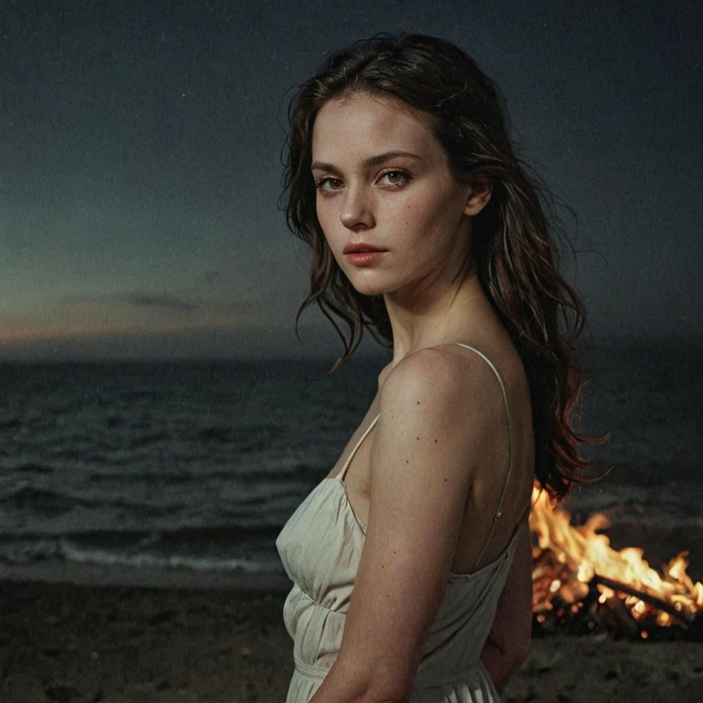 Elegant Beauty on Firelit Beach, Nadav Kander Style