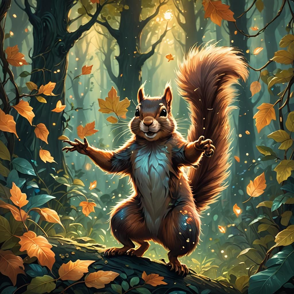 Squirrel Acrobat in Mystical Forest, Oil Painting
