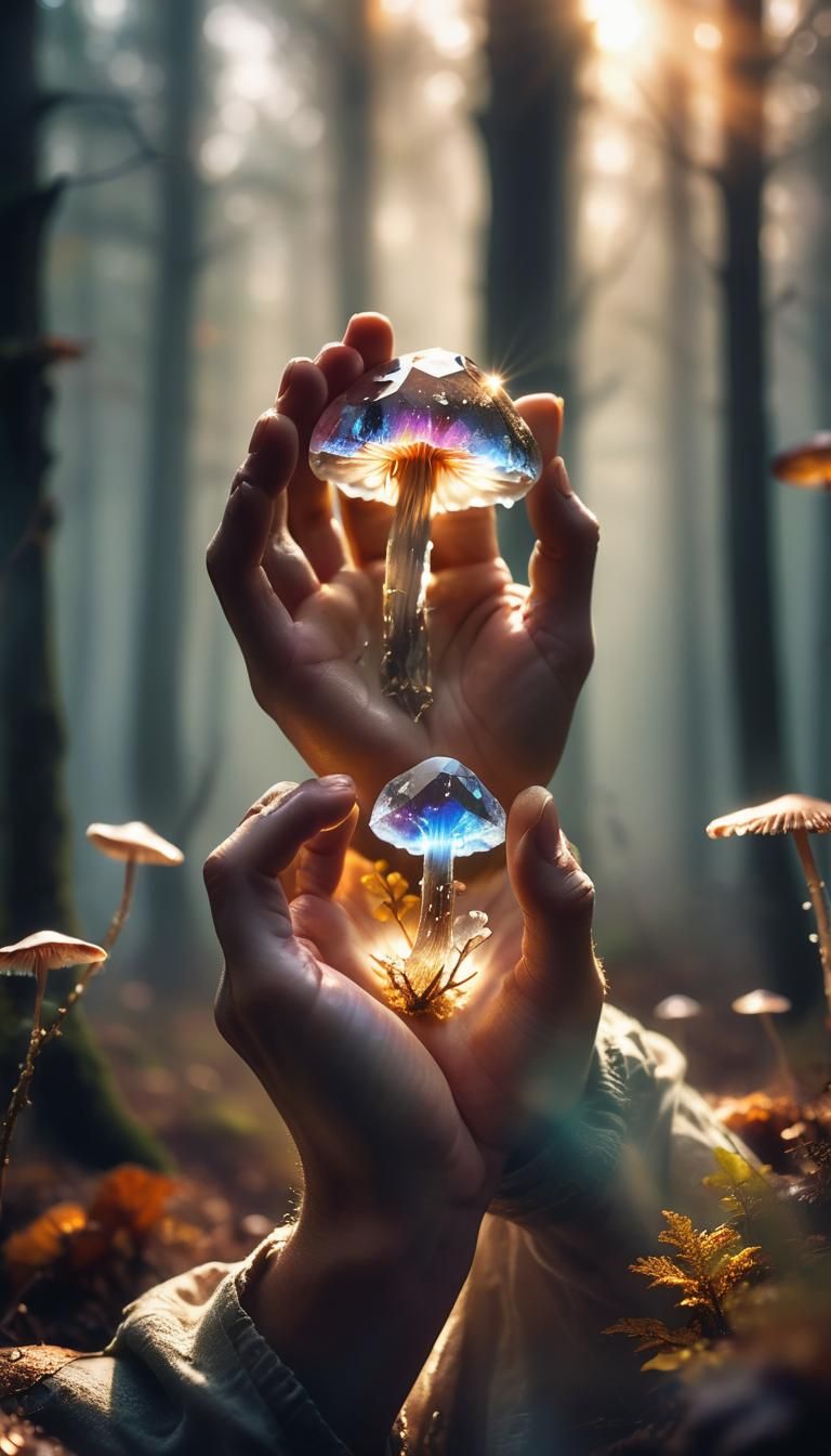 Glowing Crystal in Misty Forest: Surreal Portrait