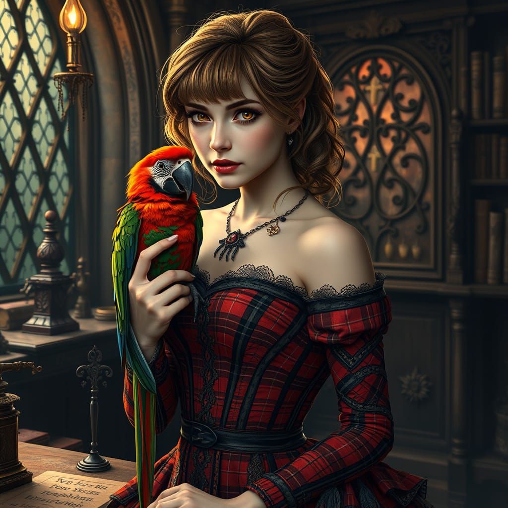 Woman with Parrot in Gothic Alcohol Ink Style