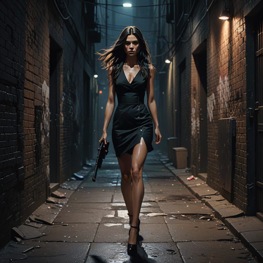 Mysterious Woman in Dark Alley, Hyperrealistic Art