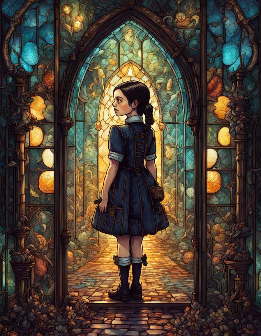 Stained Glass Wednesday Addams in Storybook Style