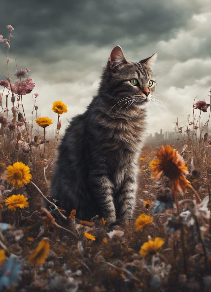 Post-Apocalyptic Cat in Field of Dead Flowers