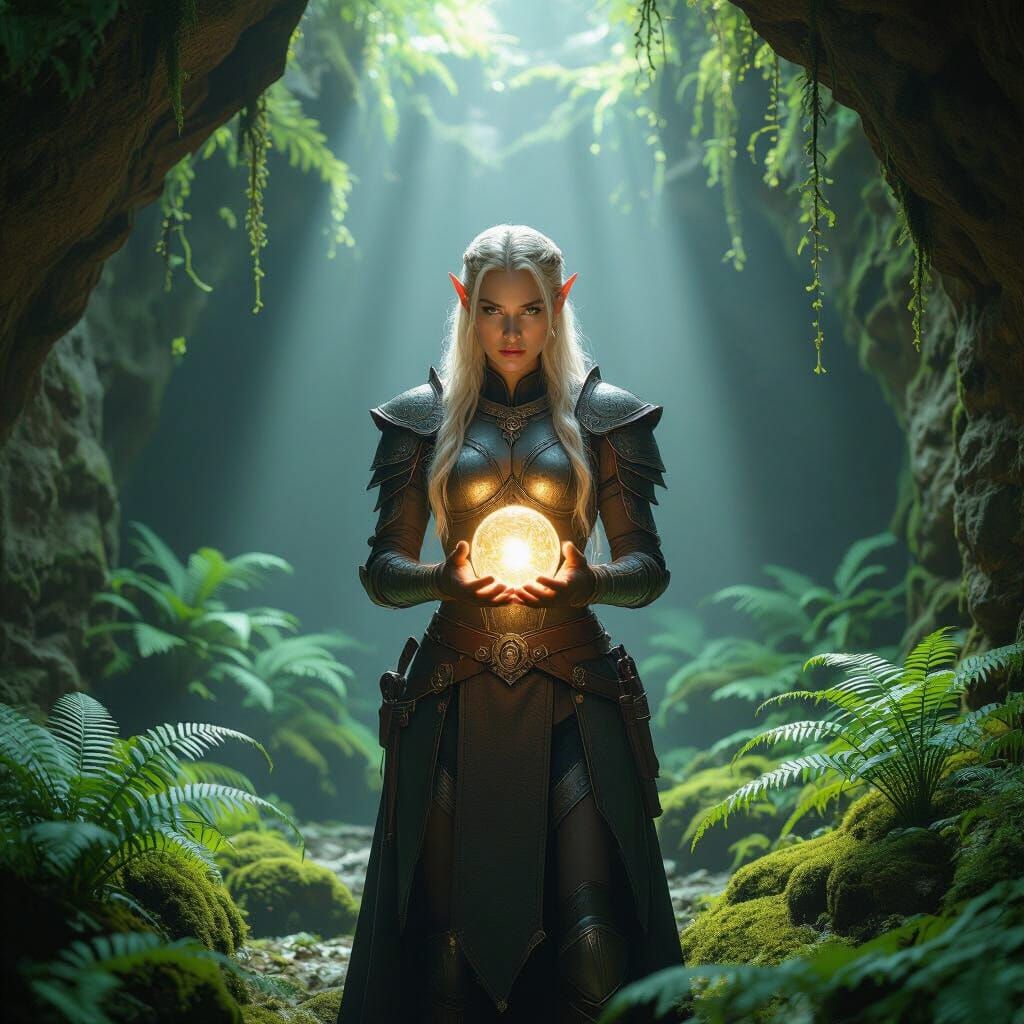 Elven Warrior Princess in Mystical Grotto, Cinematic Style