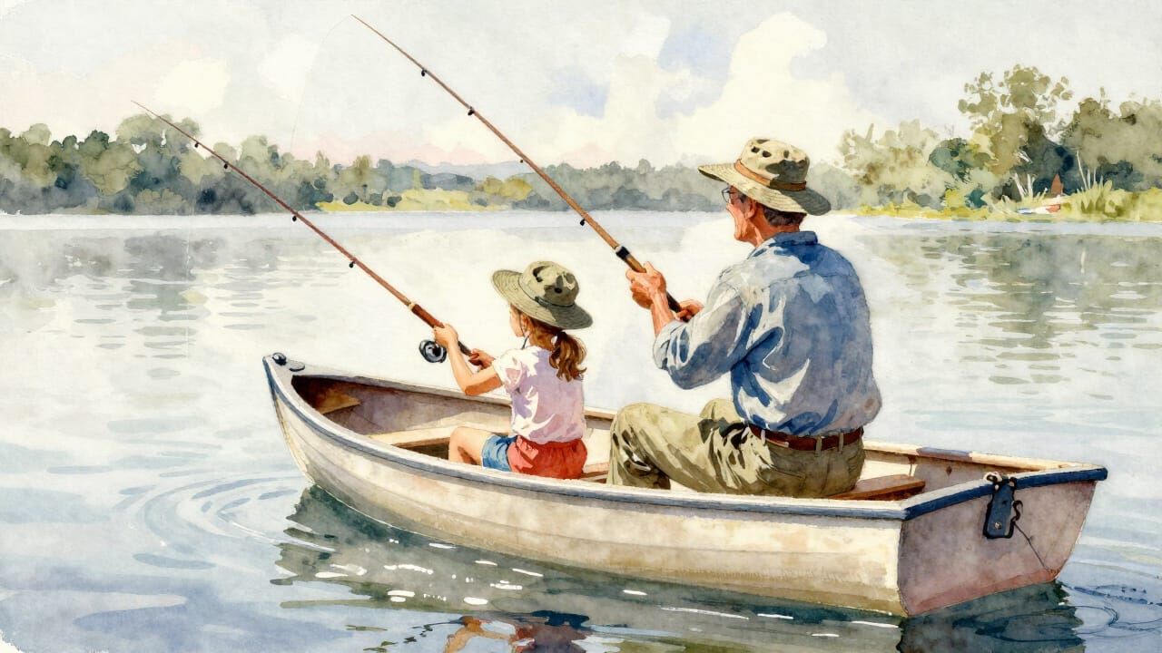 Watercolor Painting of Grandfather and Granddaughter Fishing