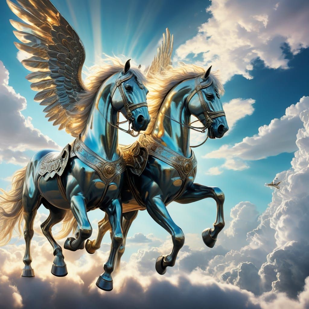 Winged Horses Pulling Car in Surreal Oil Painting