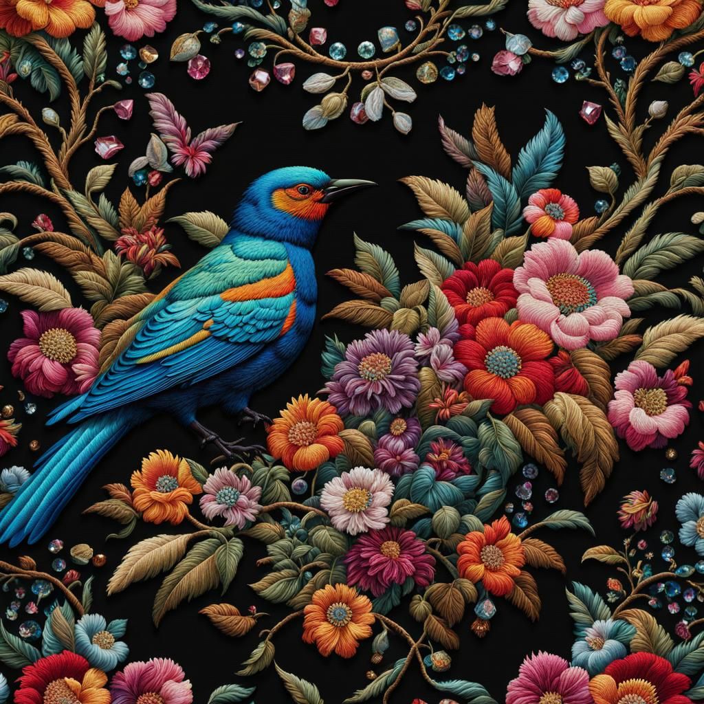 Jeweled Bird Tapestry in Psychedelic Holographic Art