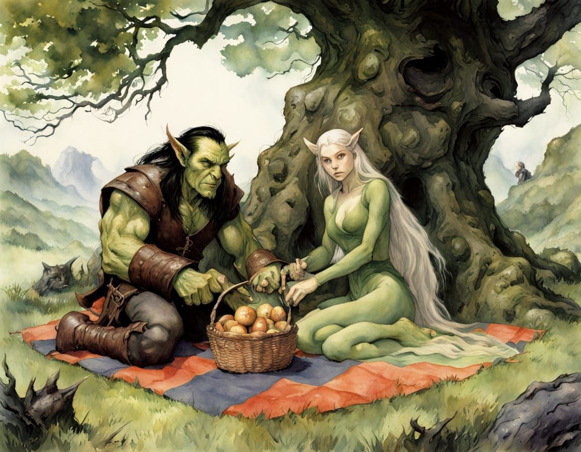 Elf and Orc Picnic: Watercolor Fantasy Art
