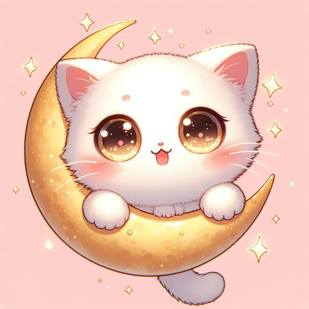 Kawaii Cat Grasping Twinkling Moon Crescent