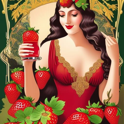 Art Nouveau Poster: Strawberry Liqueur and Cocktail