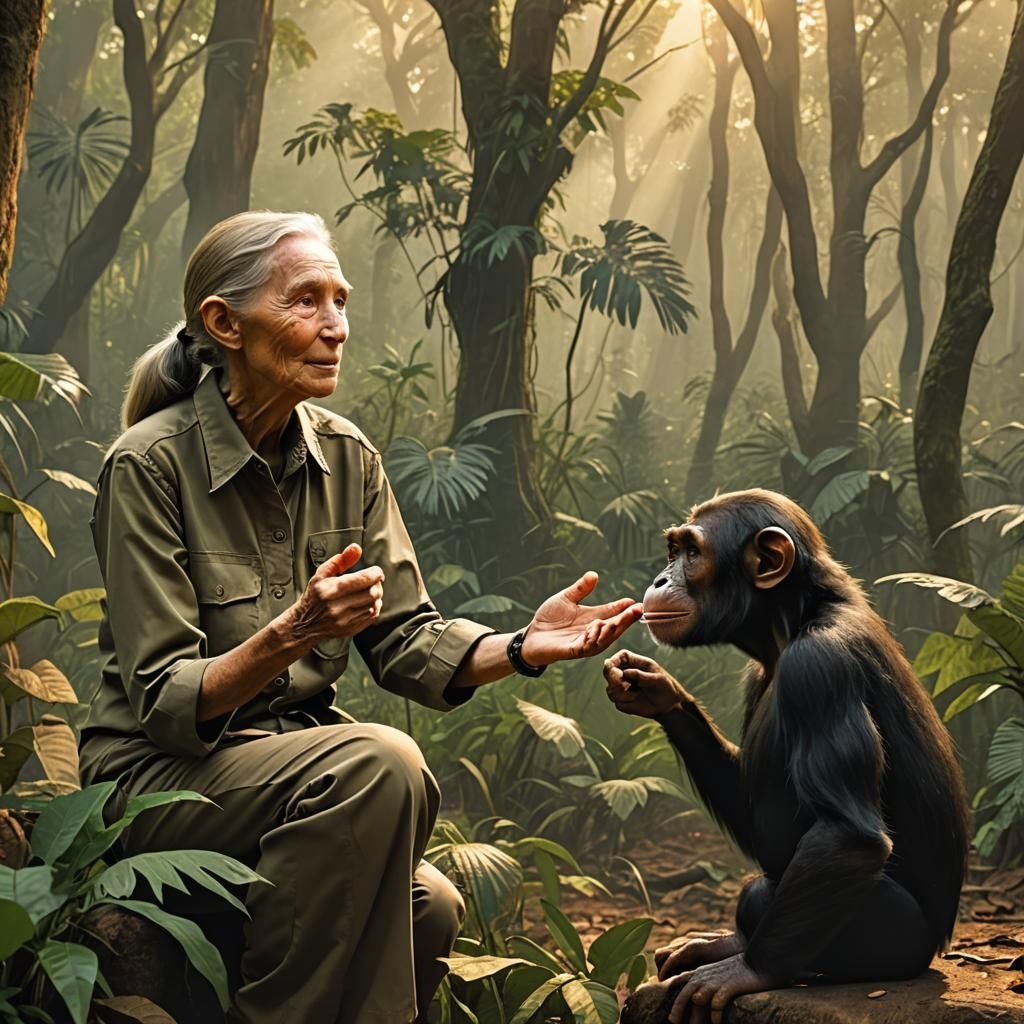 Jane Goodall and Chimp Converse in Forest