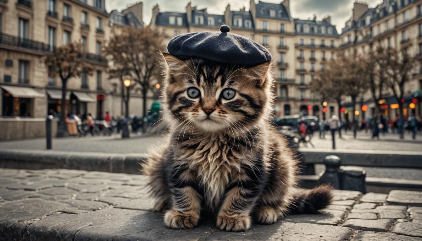 Fluffy Kitten in Paris Wearing a Beret