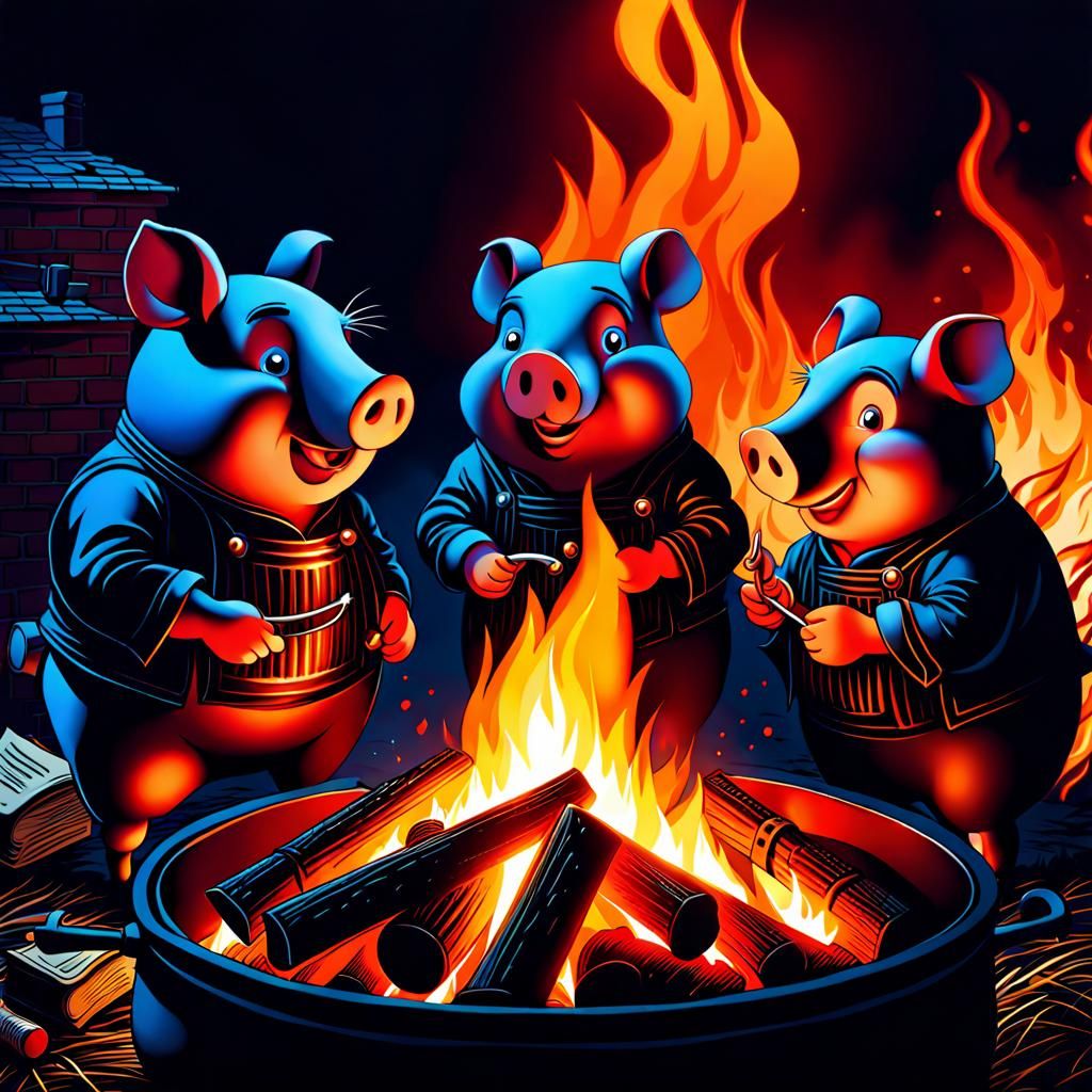 Sinister Book Illustration: Three Little Pigs Roasting