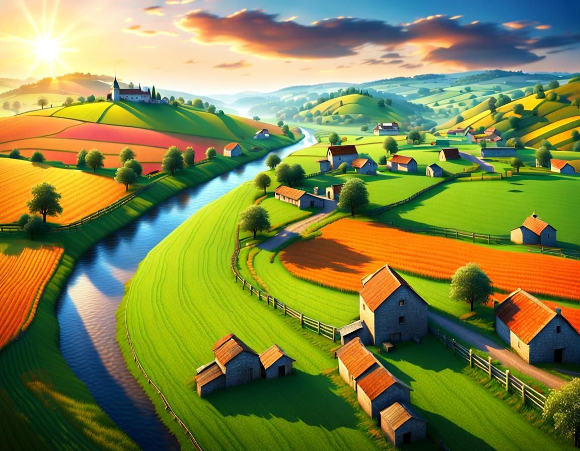 Picturesque Countryside Sunrise: A Detailed 3D Rendering