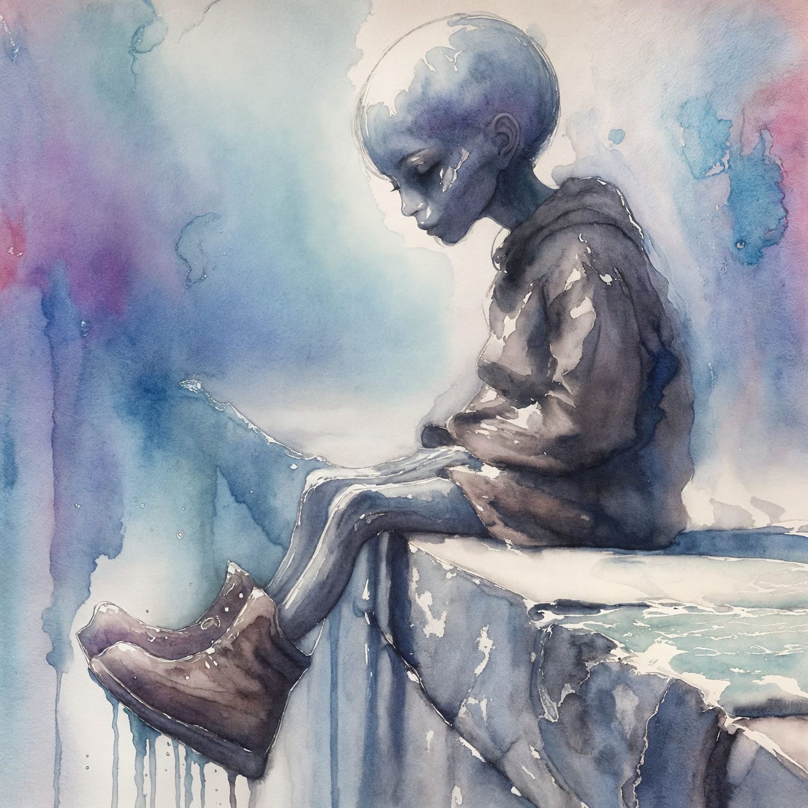 Alien Child's Despair: A Watercolour Painting
