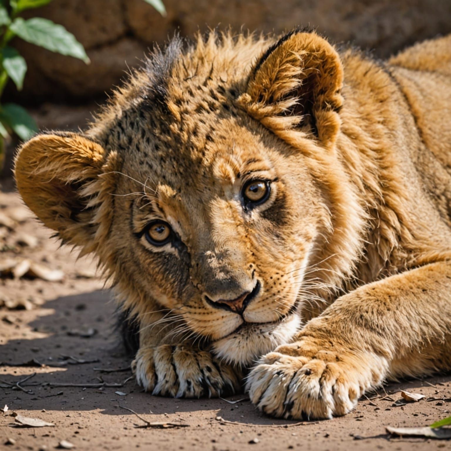 Whimsical Lion Cub Contemplates in Adorable Storybook Style