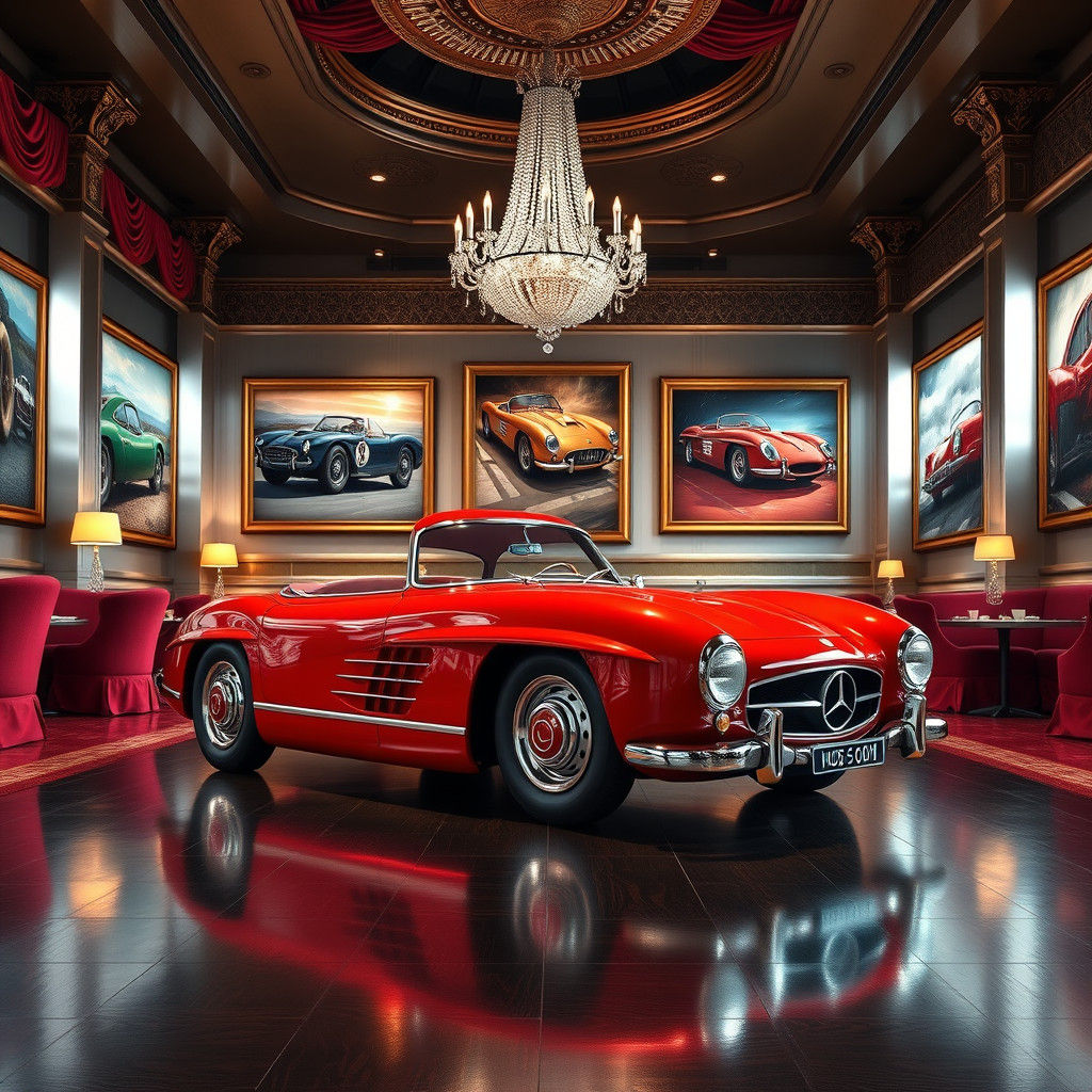 Red Mercedes in Victorian Hotel Lobby