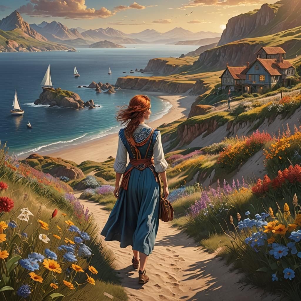 Auburn Woman's Seaside Walk at Sunrise: Fantasy Art