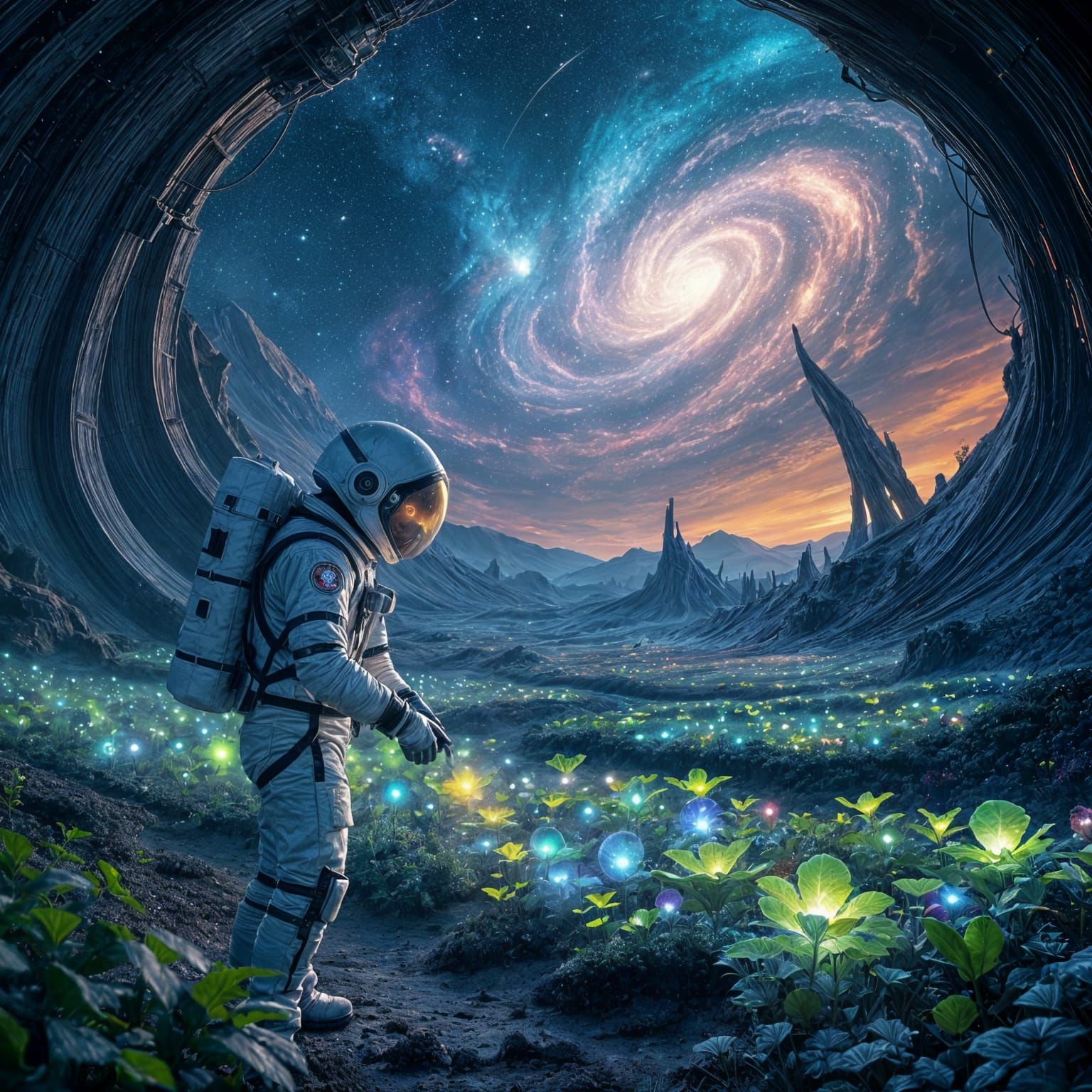 Astronaut's Bioluminescent Farm on Alien Planet